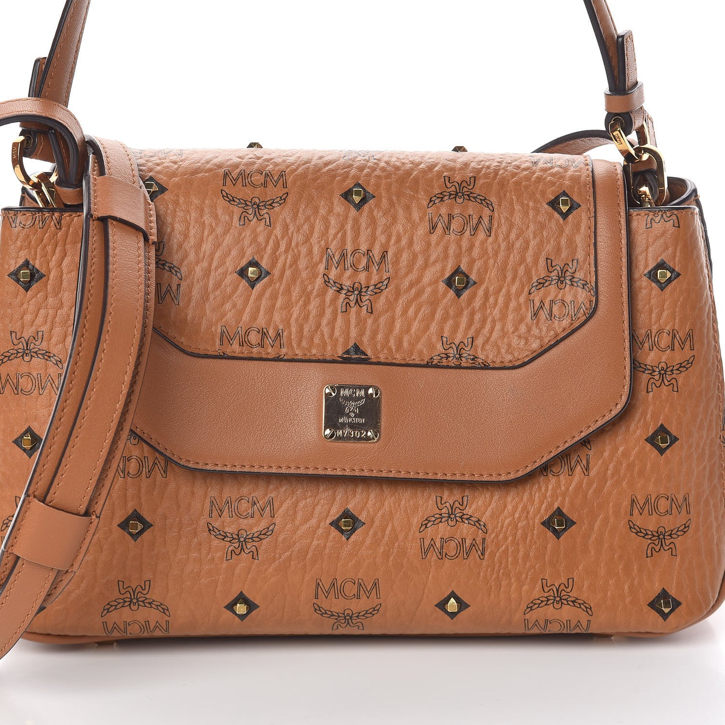 Visetos Studded Flap Shoulder Bag Cognac