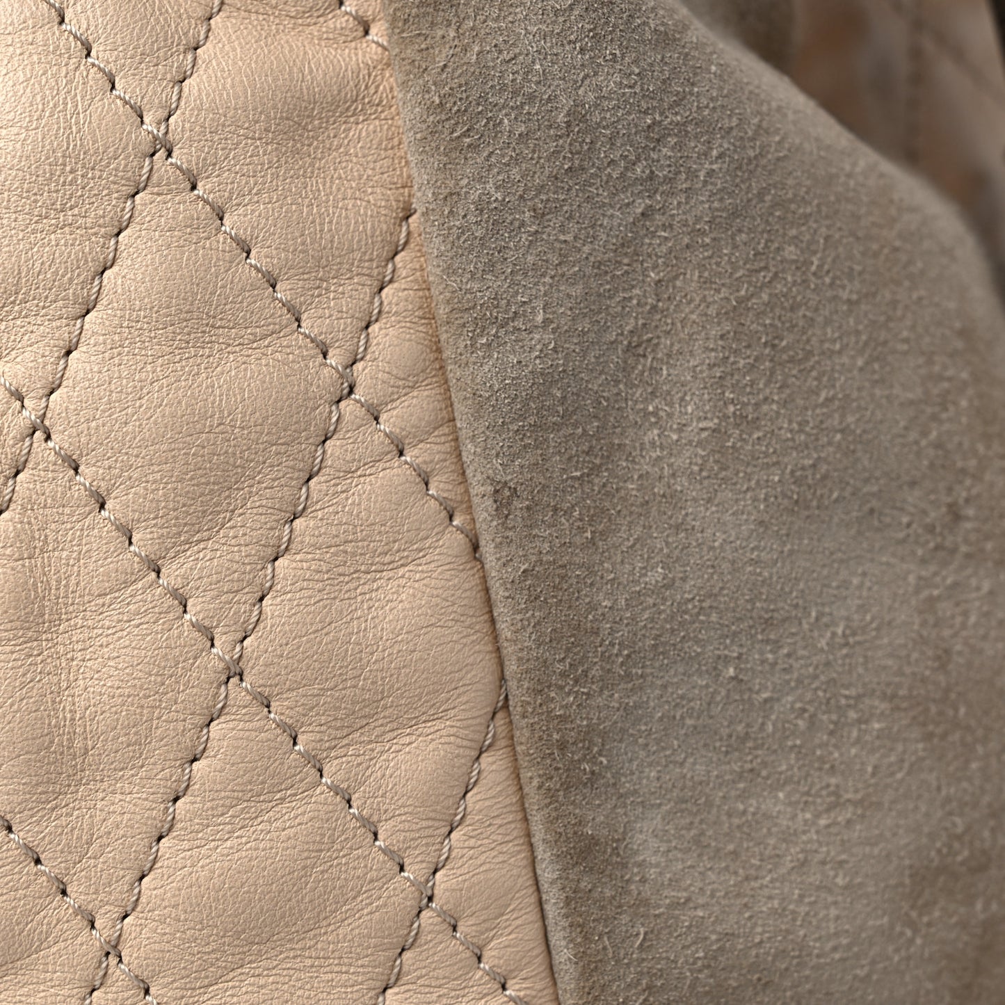 Calfskin Suede Quilted Patchwork Drawstring Bag Beige