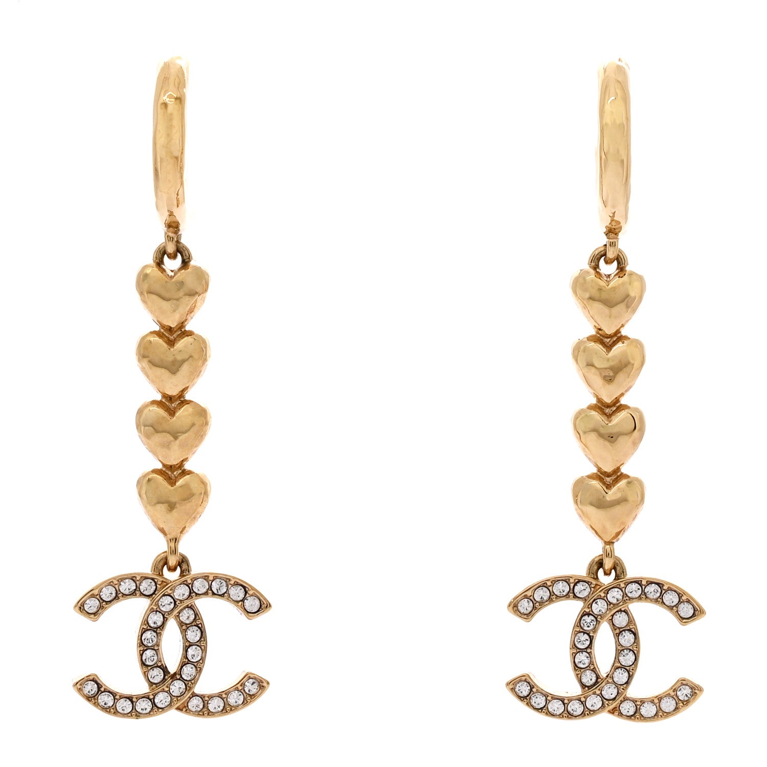 Chanel Metal Crystal CC Heart Hoop Long Drop Earrings Gold 1 of 5