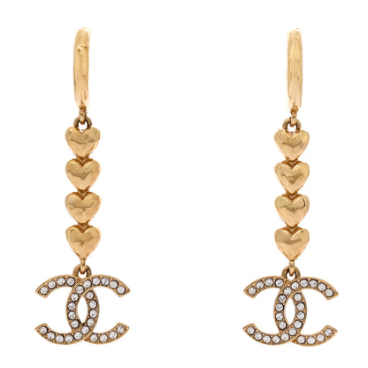 Chanel Metal Crystal CC Heart Hoop Long Drop Earrings Gold 1 of 5