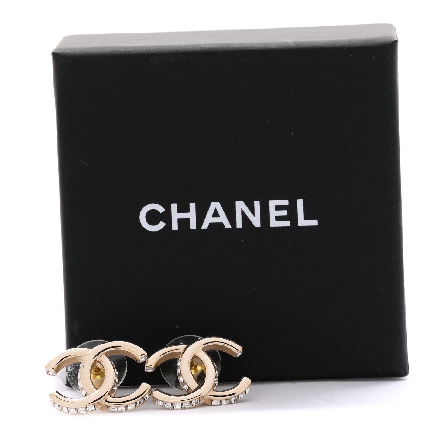 Metal Baguette Crystal CC Earrings Gold