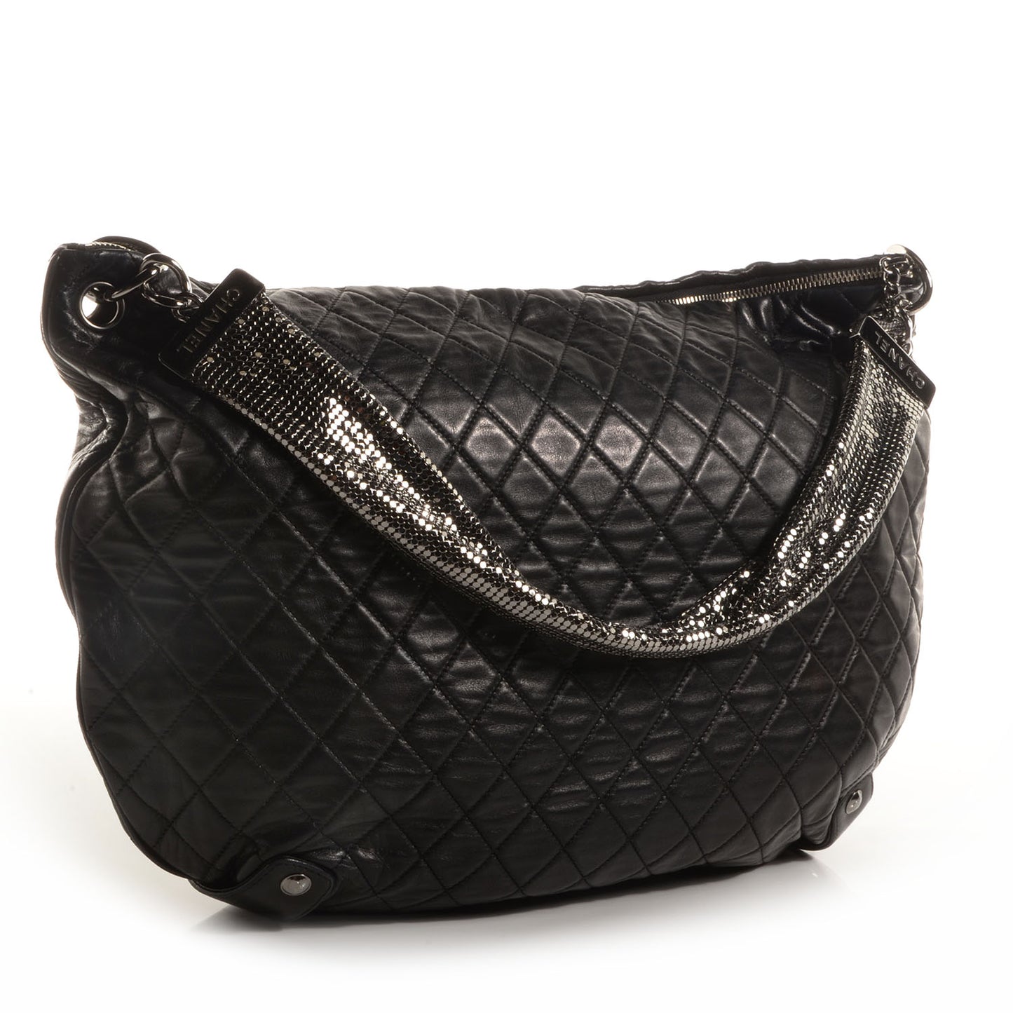 Lambskin Large Chain Mail Hobo Black