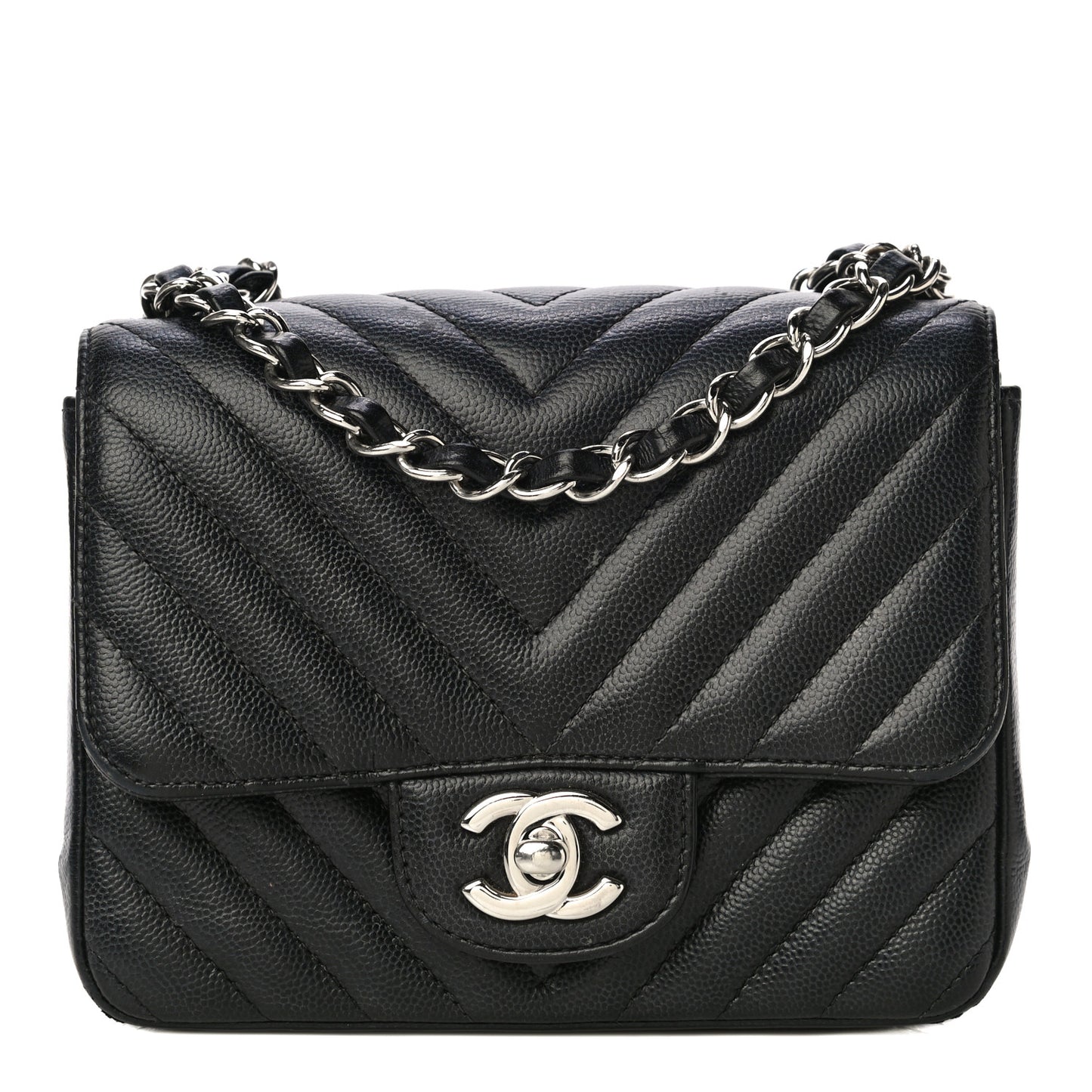 Caviar Chevron Quilted Mini Square Flap Black