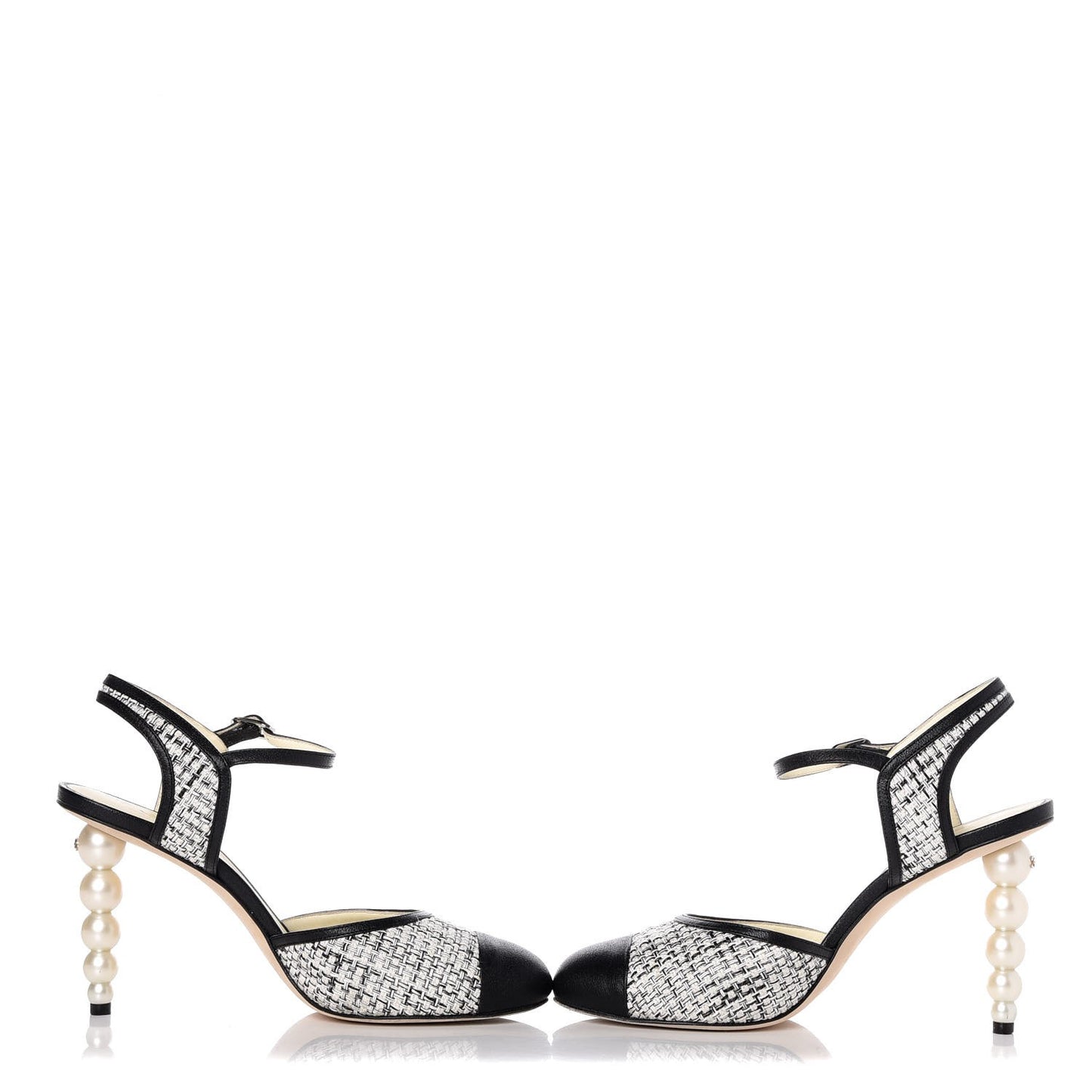 Tweed Goatskin Pearl Heel Pumps 39 Grey Beige Black
