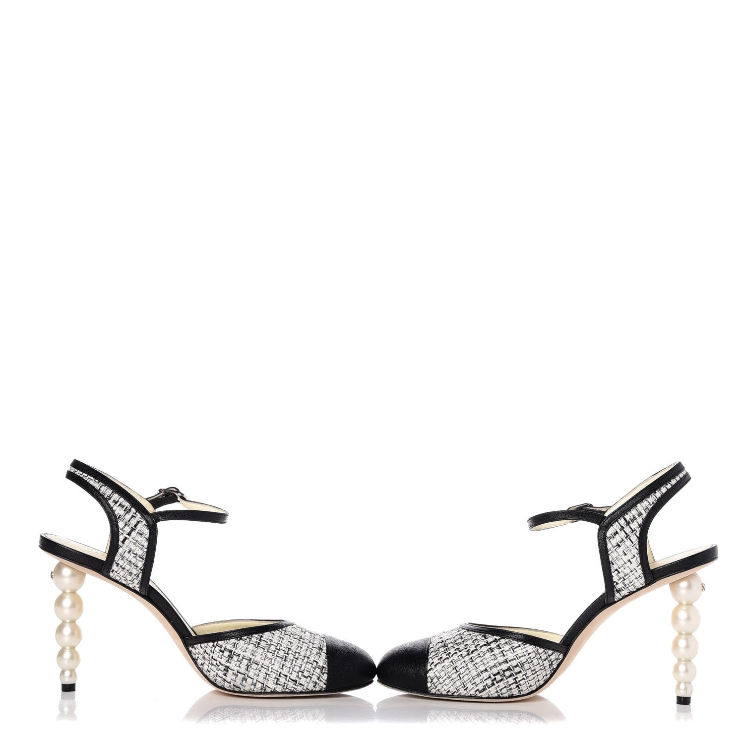 Chanel Tweed Goatskin Pearl Heel Pumps 39 Grey Beige Black 6 of 12