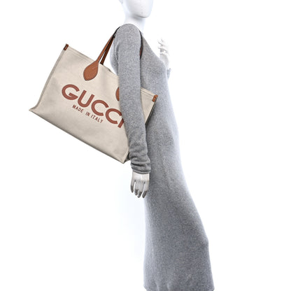 Gucci Canvas Calfskin Logo Maxi Tote Bag Beige Light Brown 2 of 11