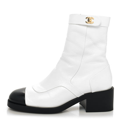Chanel Shiny Goatskin Cap Toe Short Boots 39 White Black 1 of 10