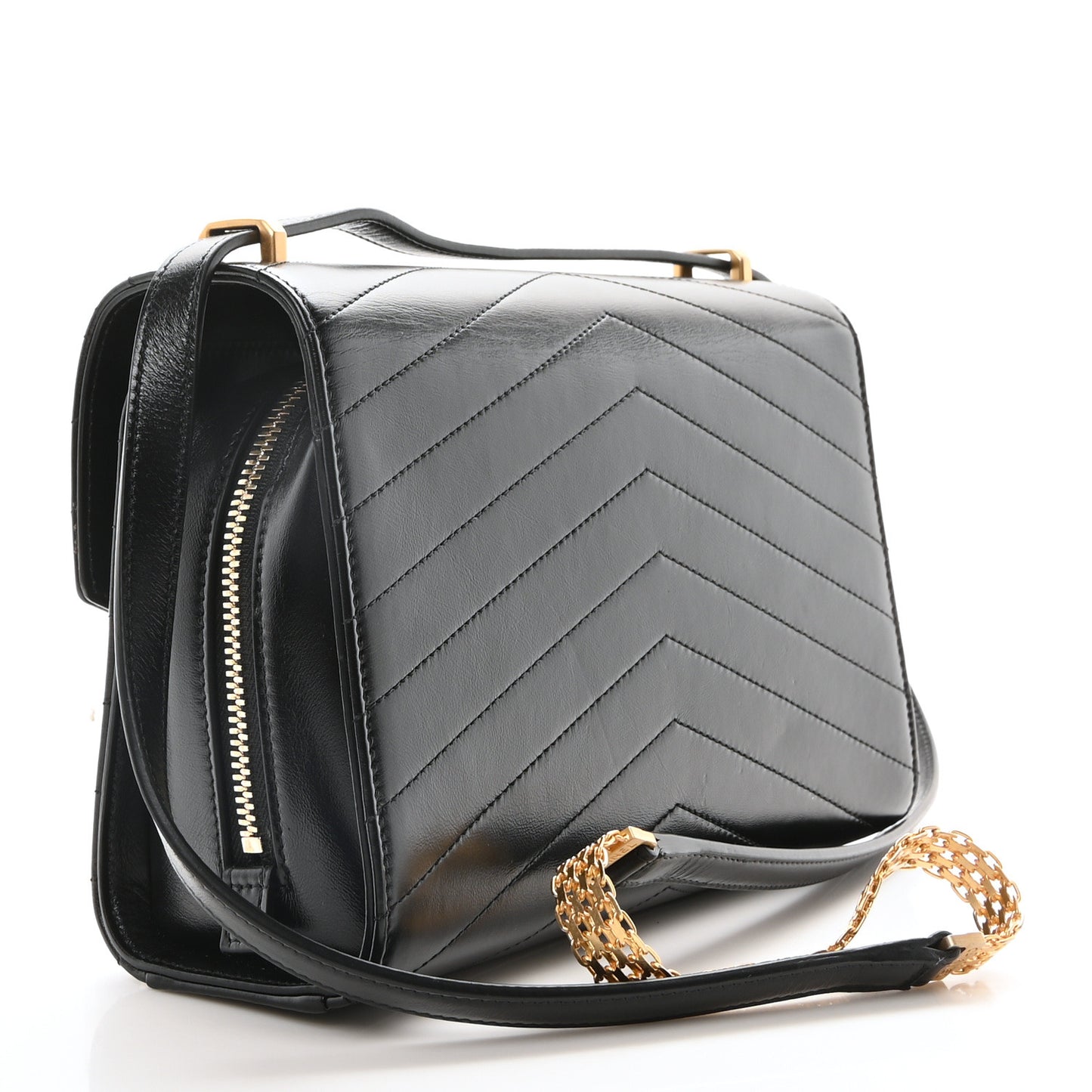 Calfskin Chevron Quilted Medal Flap Black
