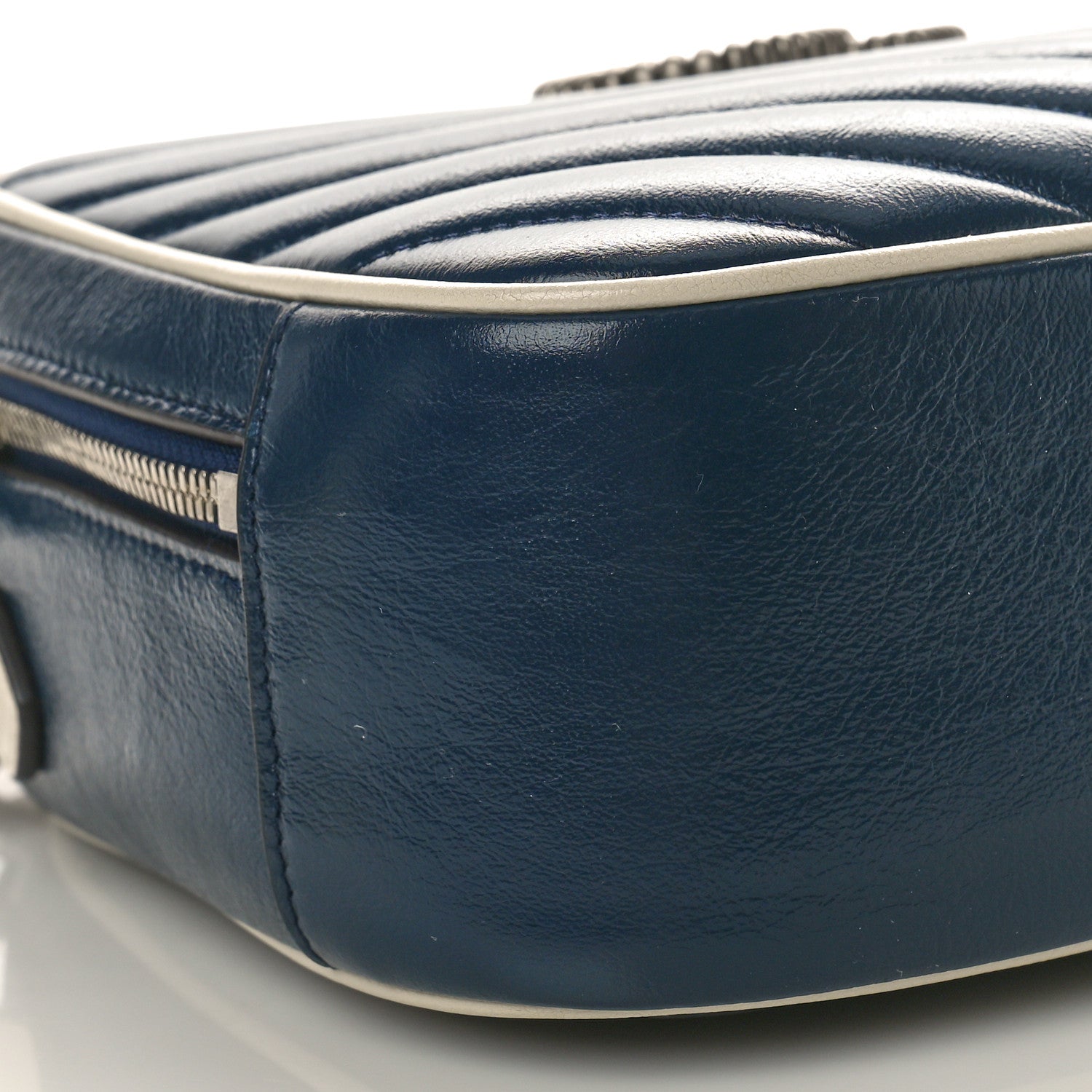 Gucci Vintage Effect Calfskin Matelasse Diagonal Small Torchon GG Marmont Bamboo Top Handle Shoulder Bag Blue Agata Mystic White 9 of 11