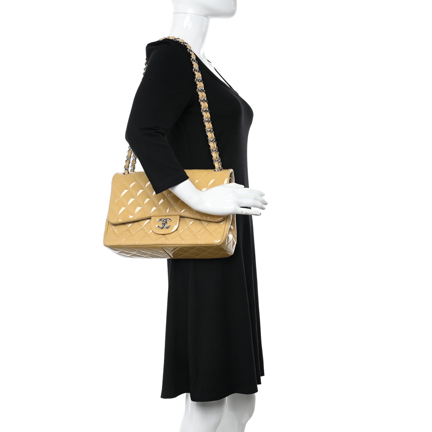 Patent Quilted Jumbo Double Flap Beige