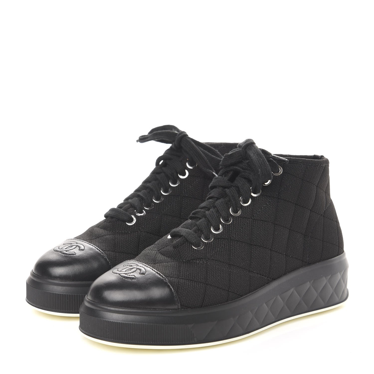 Chanel Fabric Quilted Lambskin Cap Toe Lace Up Sneakers 36 Black 3 of 11