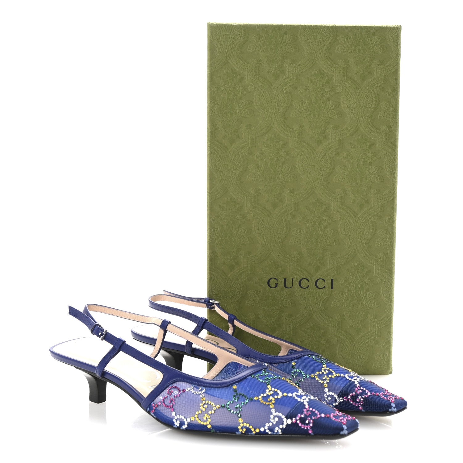 Gucci Tela Retino Nappa Charlotte Crystal GG Monogram Square G 35mm Slingback Pumps 38.5 Splash Net Blue Witch 9 of 9