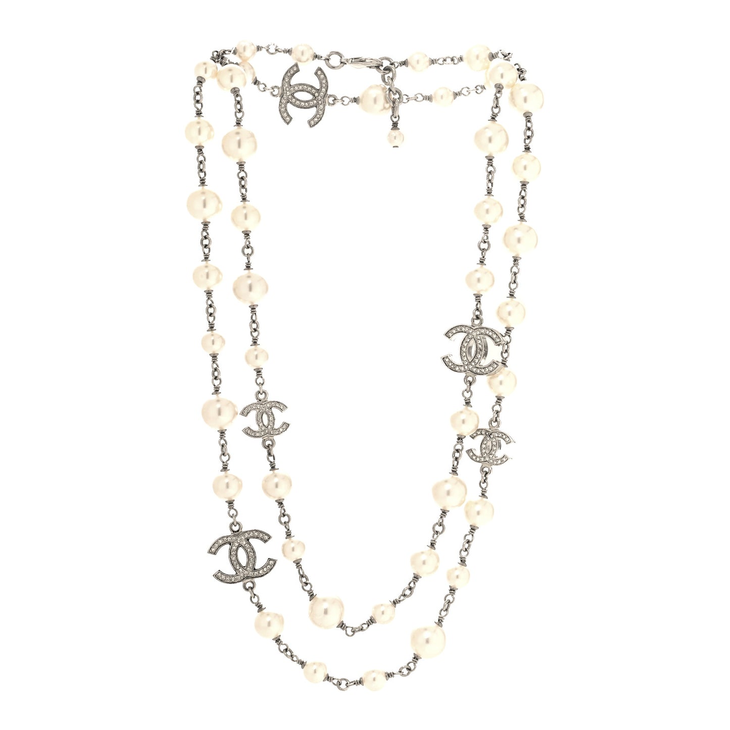 Graduated Pearl Crystal CC Long Necklace Silver