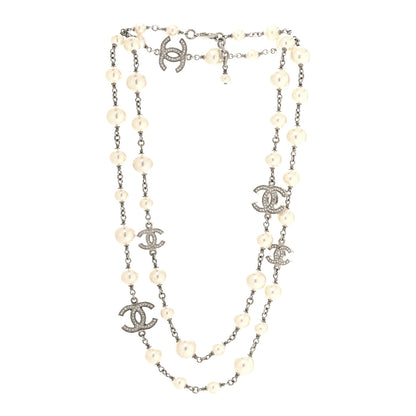 Chanel Graduated Pearl Crystal CC Long Necklace Silver 3 of 5