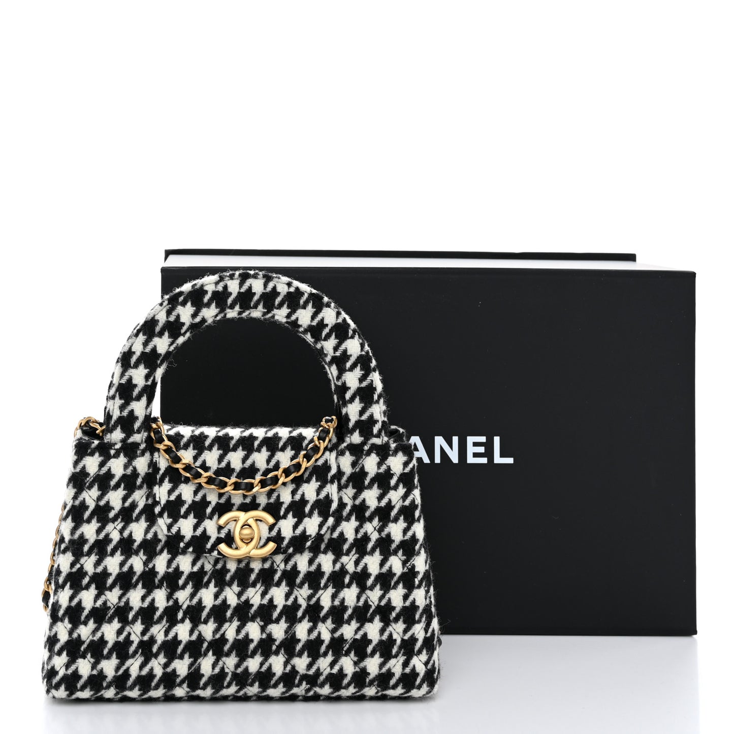 Tweed Houndstooth Quilted Nano Kelly Shopper Black White