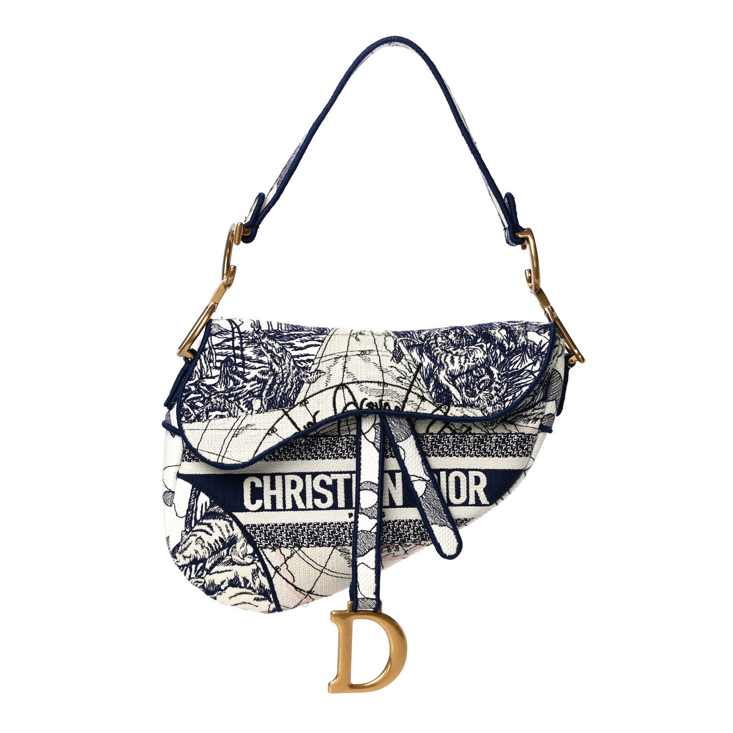 Canvas Embroidered Around the World Saddle Bag Blue