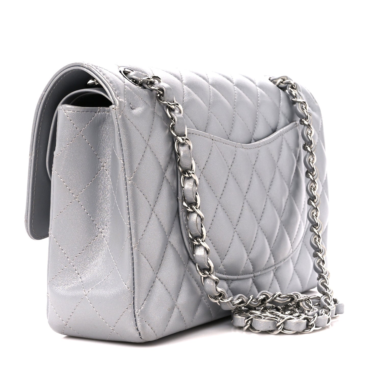 Metallic Lambskin Quilted Medium Double Flap Silver
