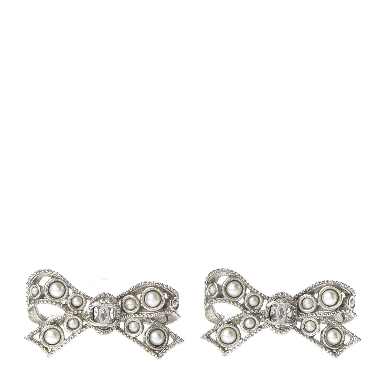 Chanel Pearl CC Bow Earrings Silver 1 of 4