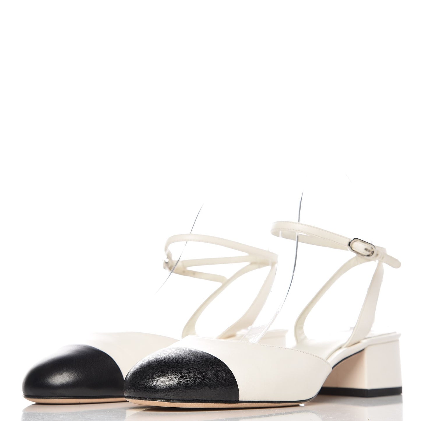 Lambskin Cap Toe CC Ankle Strap Sandals 38.5 White Black