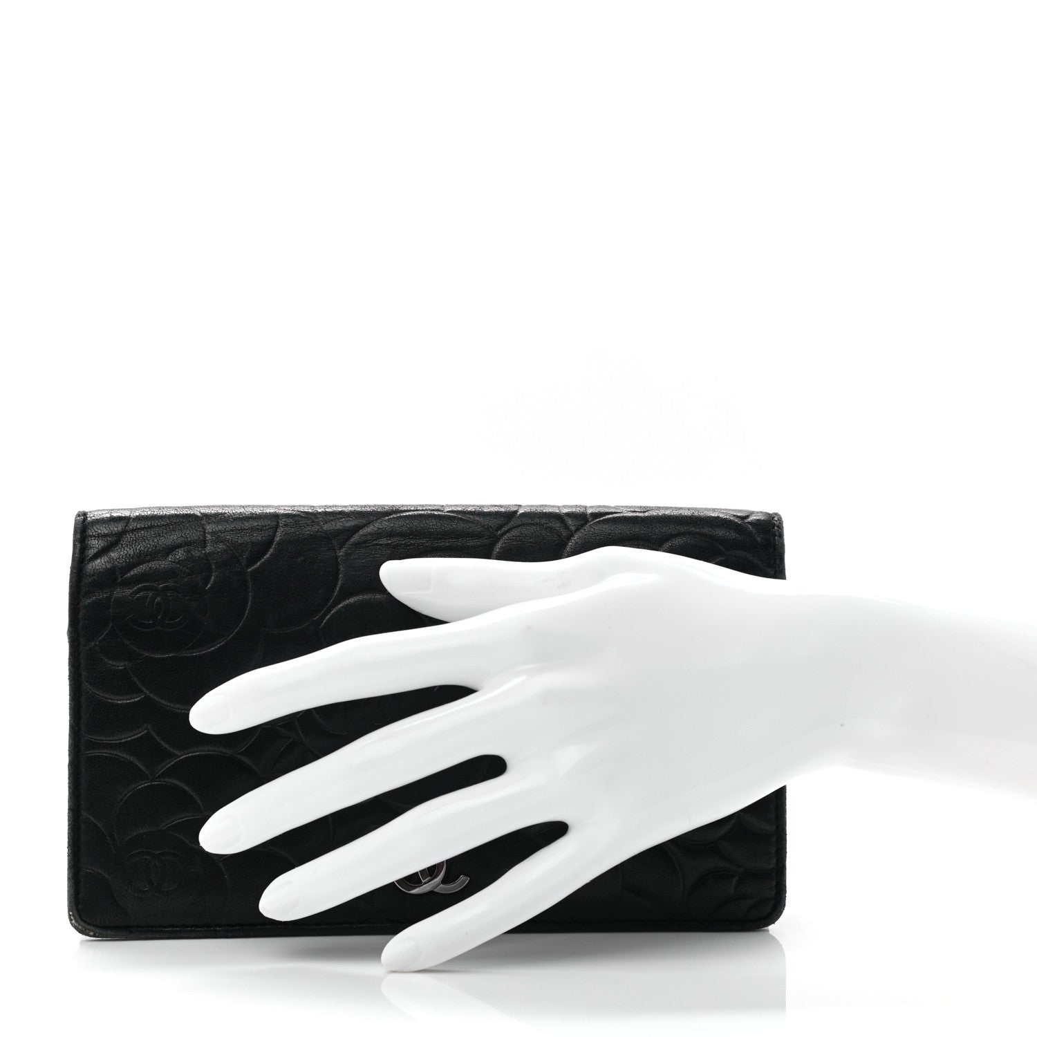 Chanel Lambskin Camellia Embossed Yen Wallet Black 2 of 13