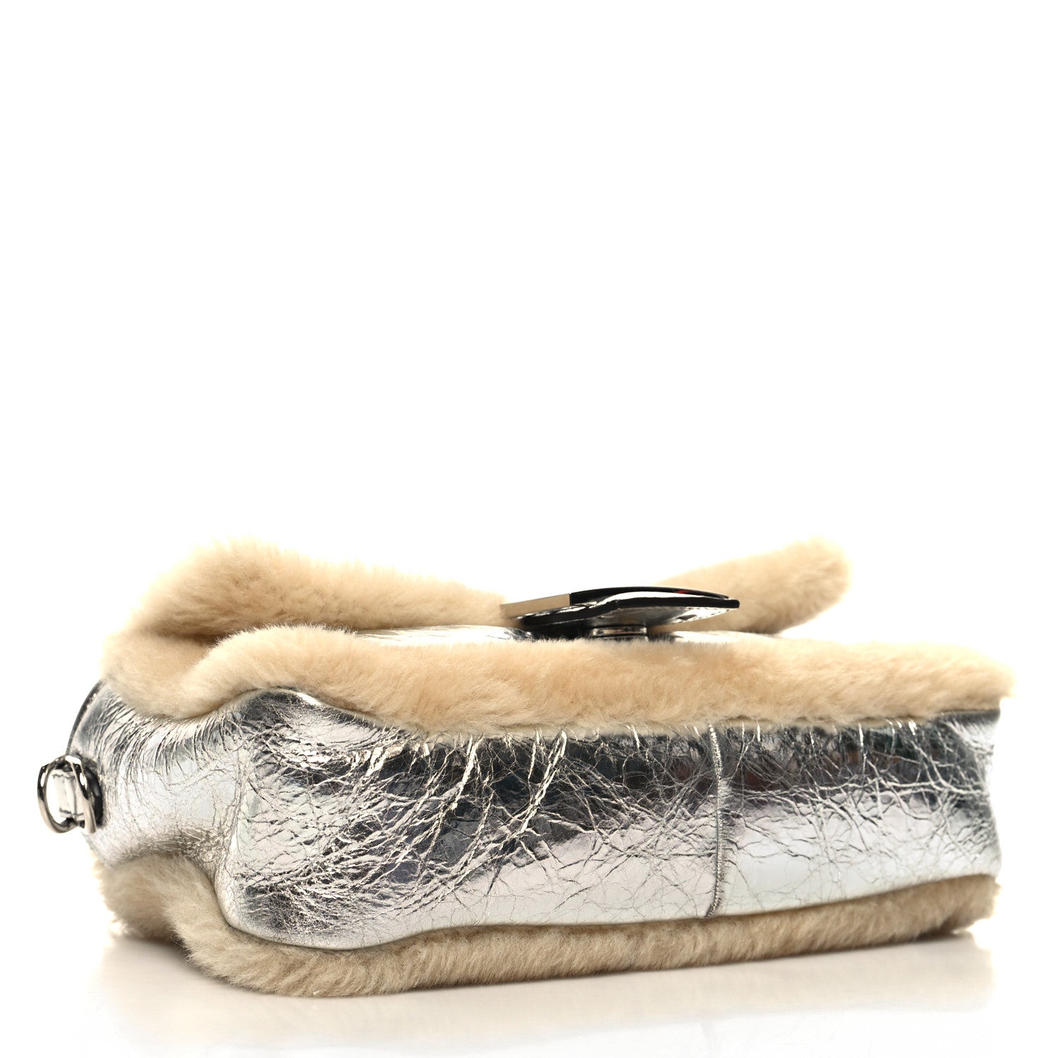 Fendi Craquele Lambskin Sheepskin Fur Baguette Argento 4 of 10