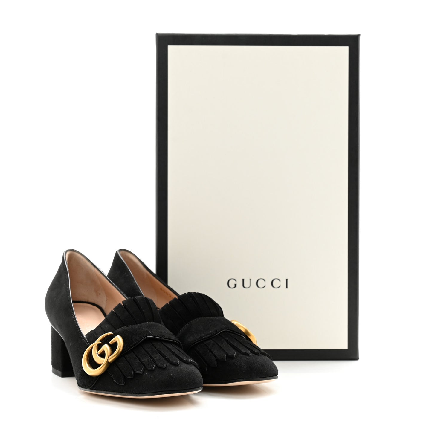 Kid Scamosciato GG Marmont Fringe 50mm Loafer Pumps 35 Black