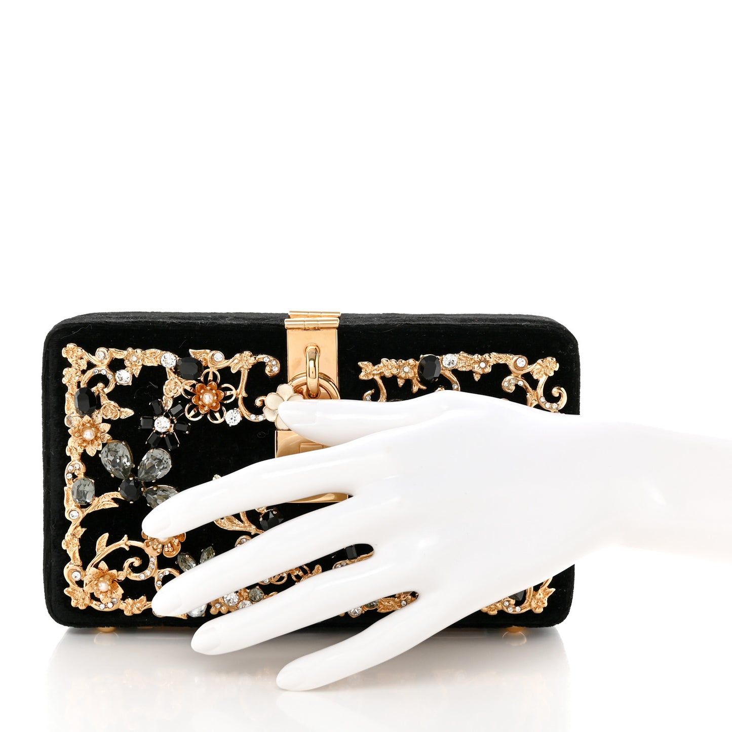 Velvet Crystal Floral Dolce Box Clutch Black