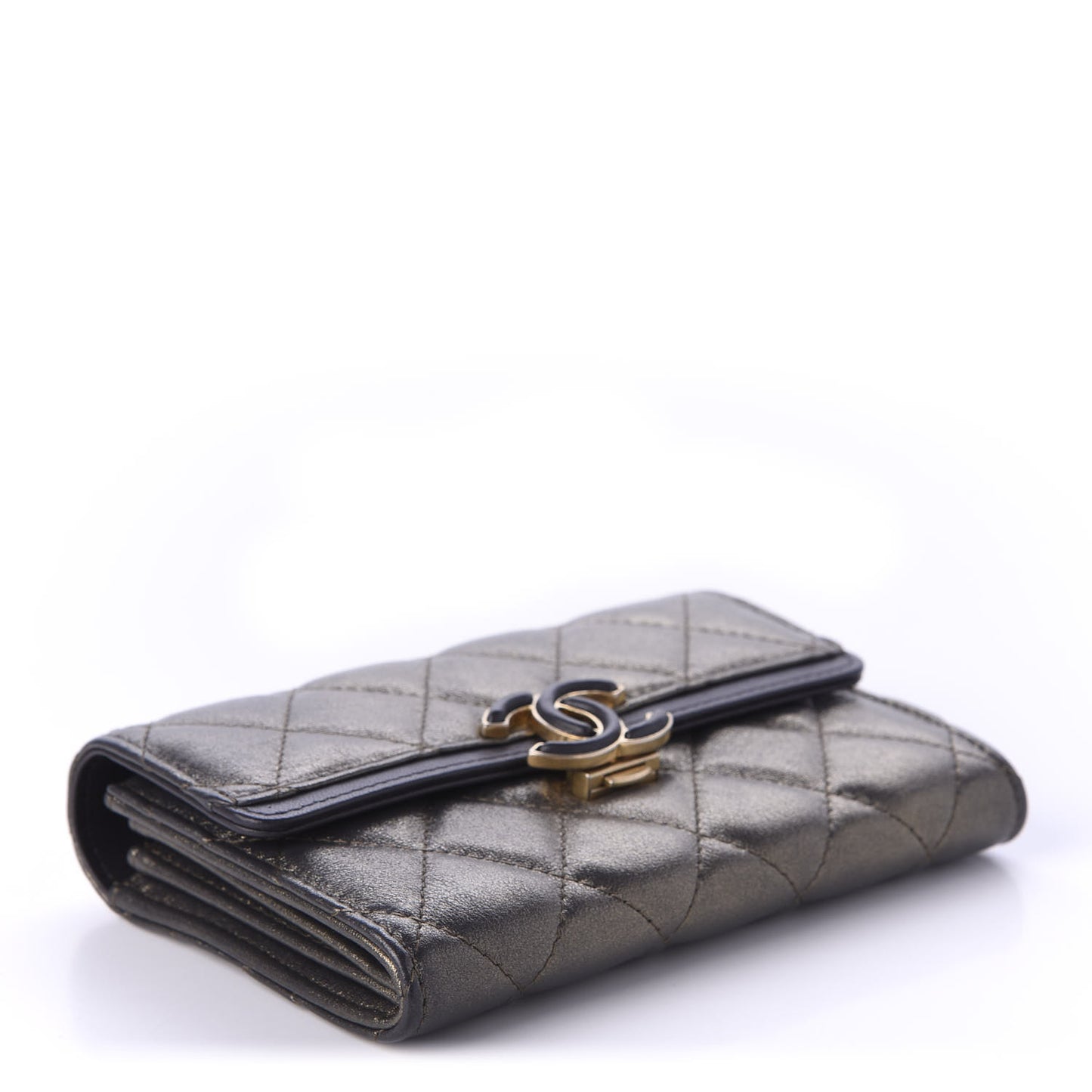 Metallic Calfskin Quilted Medium CC Chic Flap Wallet Dark Gold Grey