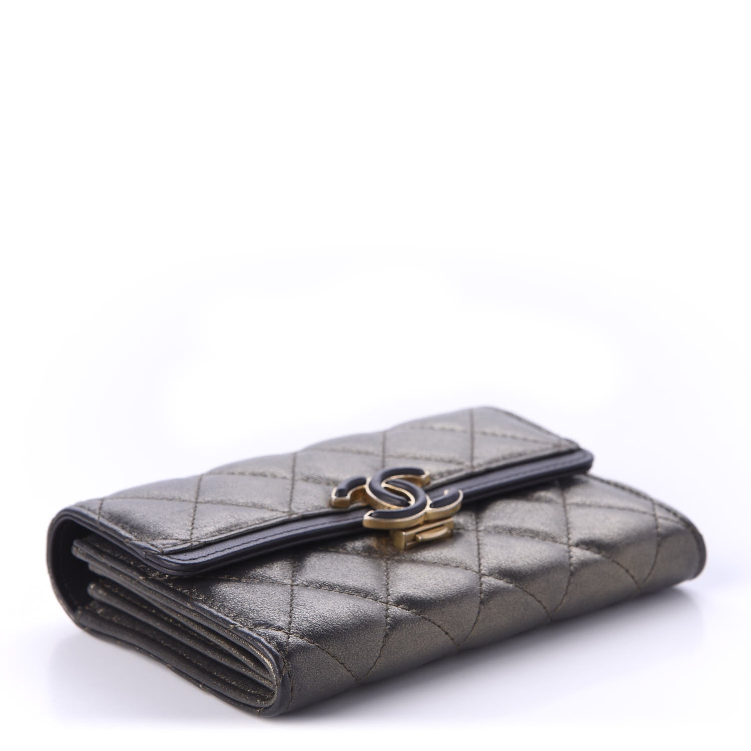 Chanel Metallic Calfskin Quilted Medium CC Chic Flap Wallet Dark Gold Grey 4 of 10