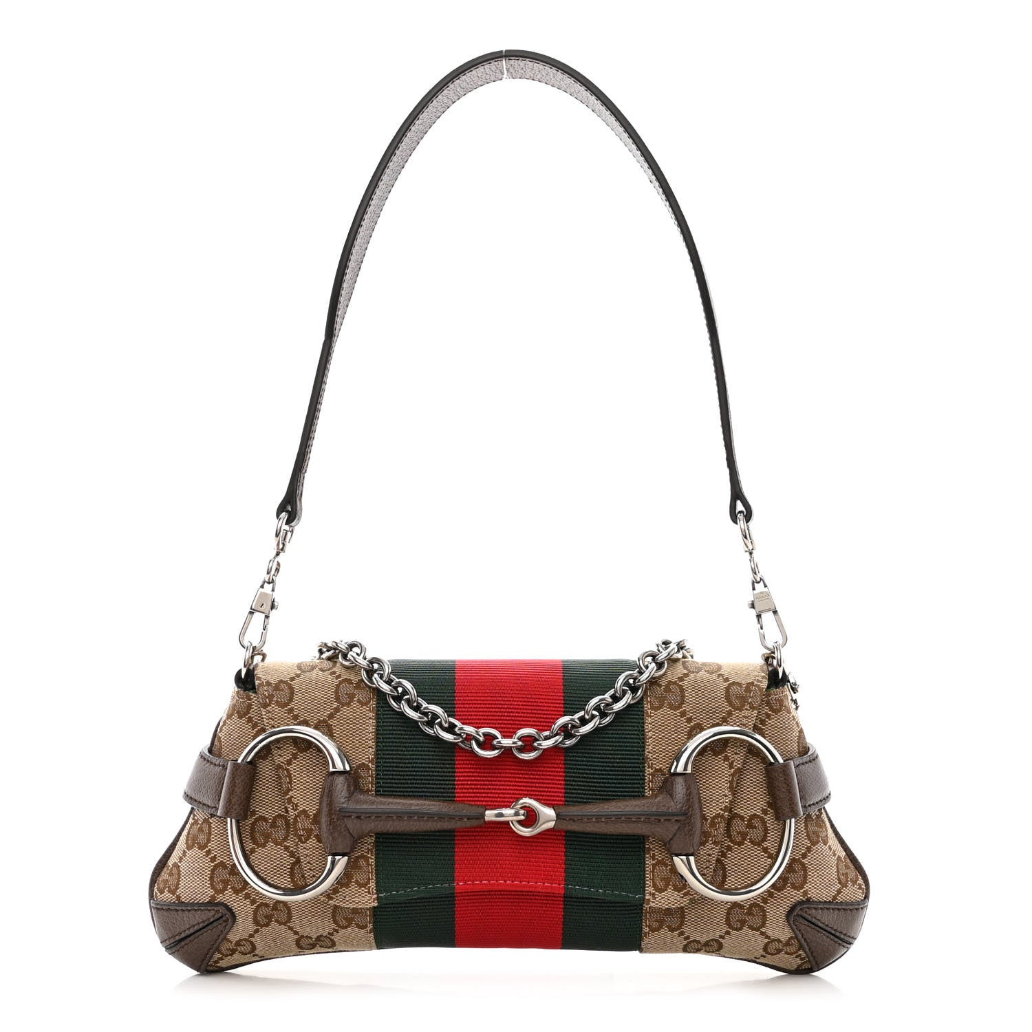 Gucci Monogram Textured Dollar Calfskin Heavy Grosgrain Web Small Maxi Horsebit Chain Shoulder Bag Beige Ebony New Acero 1 of 11