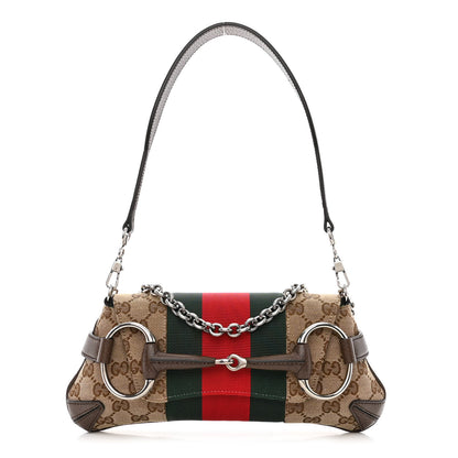 Gucci Monogram Textured Dollar Calfskin Heavy Grosgrain Web Small Maxi Horsebit Chain Shoulder Bag Beige Ebony New Acero 1 of 11