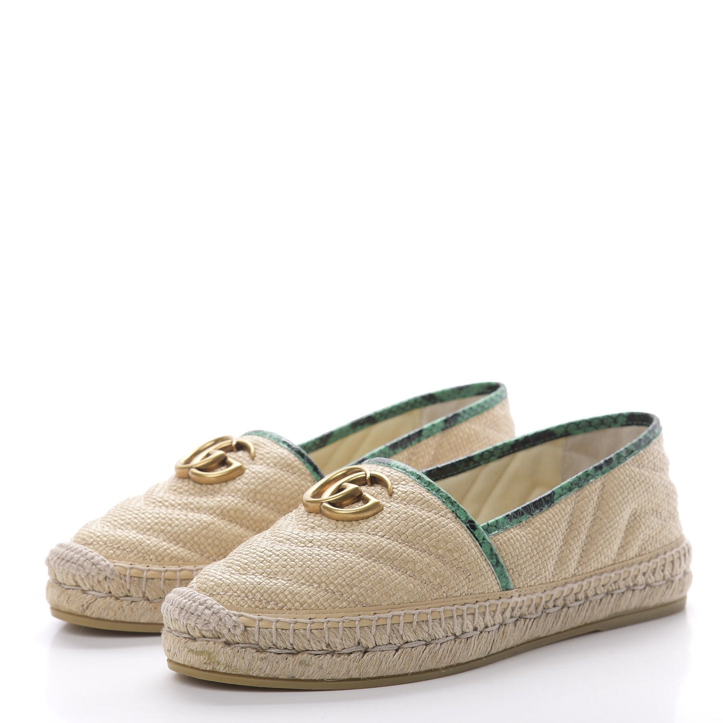 Straw Elaphe Matelasse GG Marmont Espadrilles 37.5 Natural New Shamarock