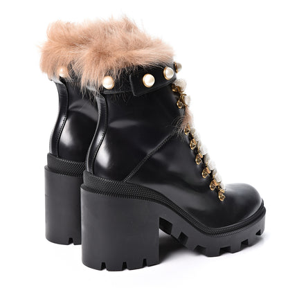 Gucci Magnum Calfskin Fur Pearl Lace Up Combat Ankle Boots 38.5 Black Naturale 5 of 11