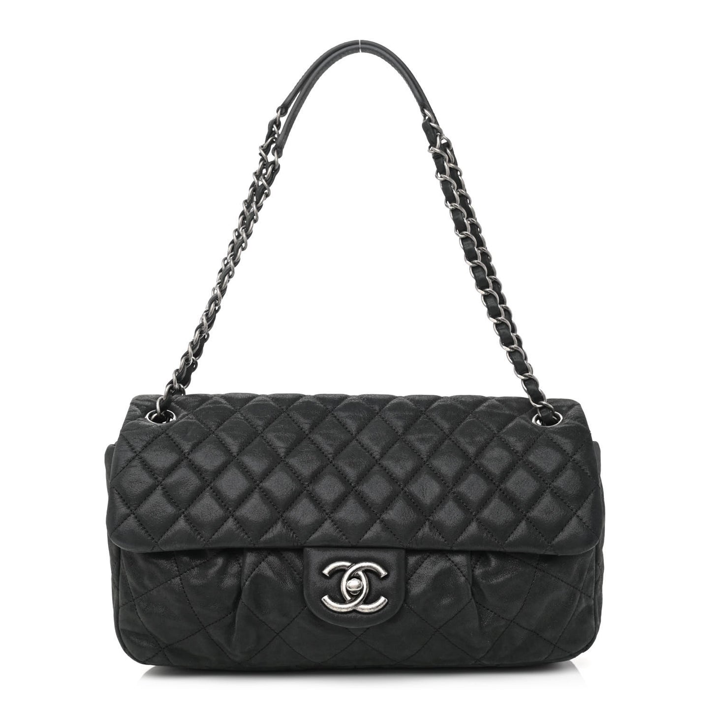 Iridescent Calfskin Large Chic Quilt Flap Black