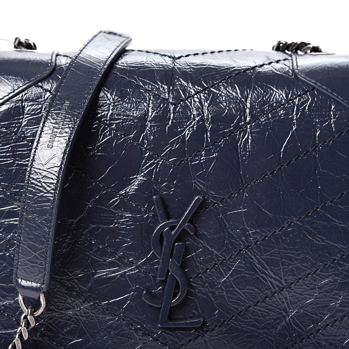 Crinkled Calfskin Matelasse Monogram Niki Chain Wallet Deep Marine