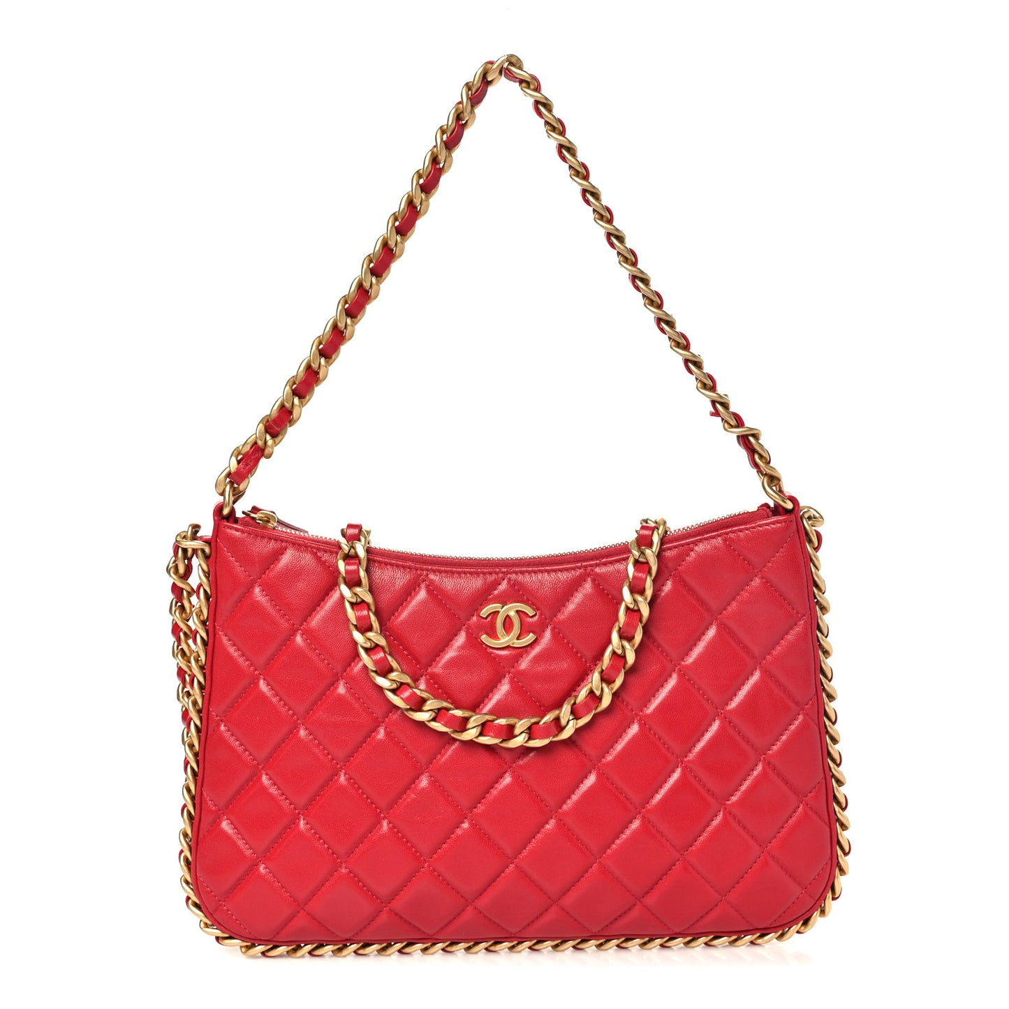 Shiny Crumpled Lambskin Quilted Large Trendy Chain Around Hobo Red