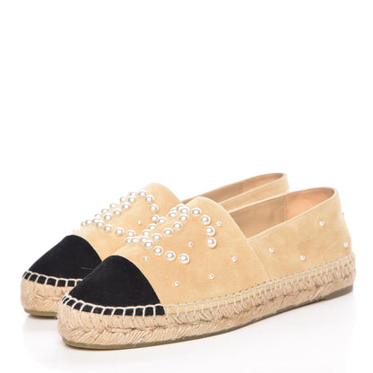 Chanel Suede Pearl CC Espadrilles 37 Beige Black 3 of 10