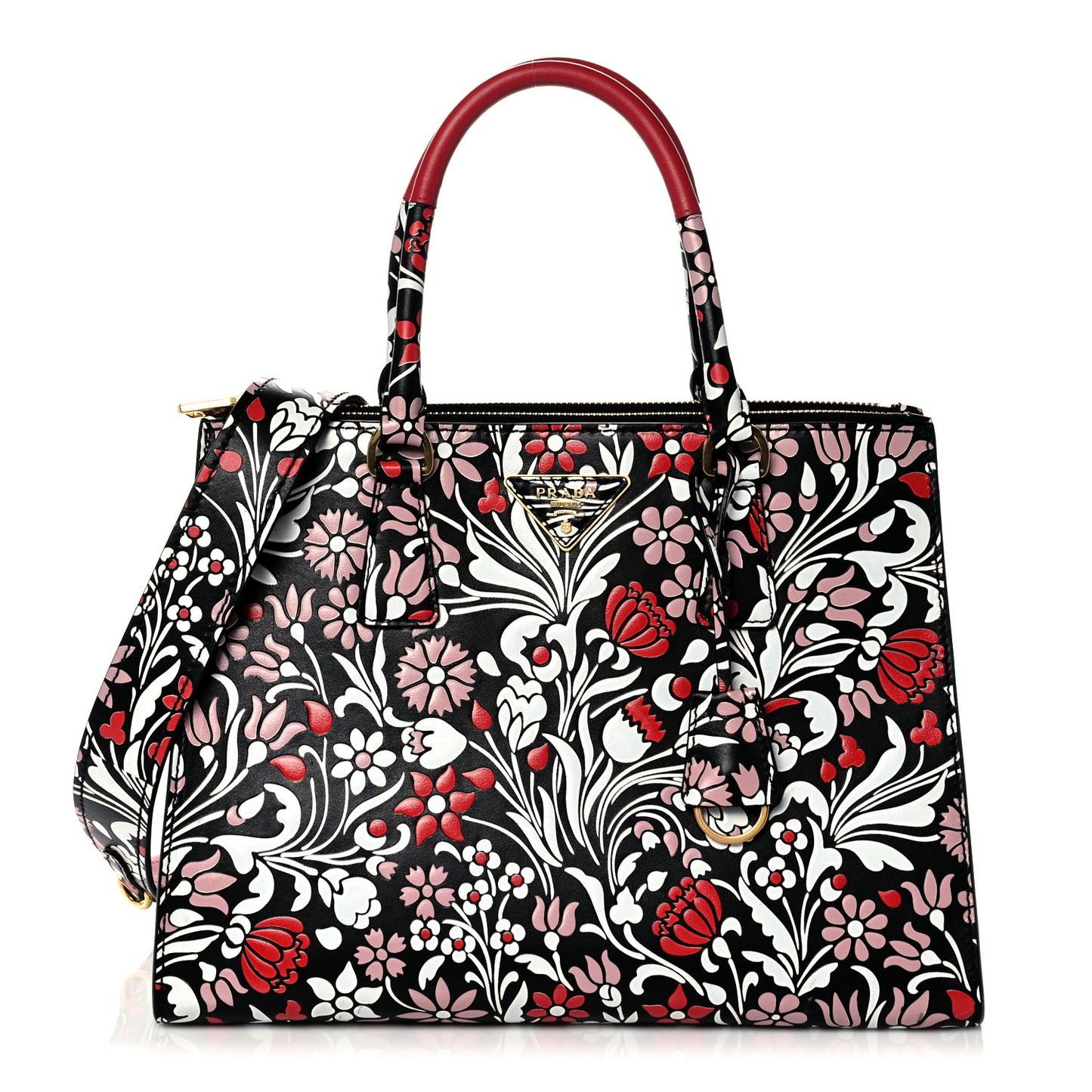 Calfskin Floreale Medium Galleria Double Zip Tote Black Fuoco