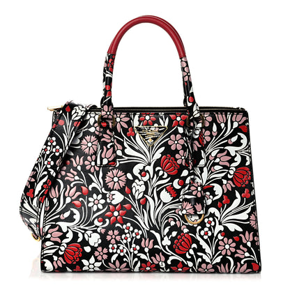 Prada Calfskin Floreale Medium Galleria Double Zip Tote Black Fuoco 1 of 9