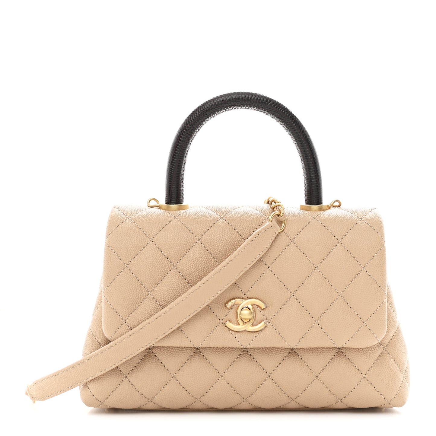 Caviar Lizard Embossed Quilted Mini Coco Handle Flap Beige