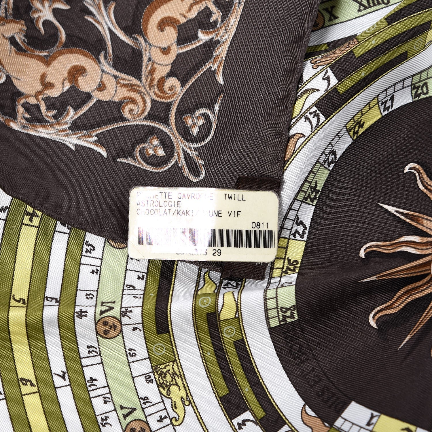 Hermes Silk Astrologie Pocket Square Scarf Chocolat Kaki Jaune Vif 3 of 4