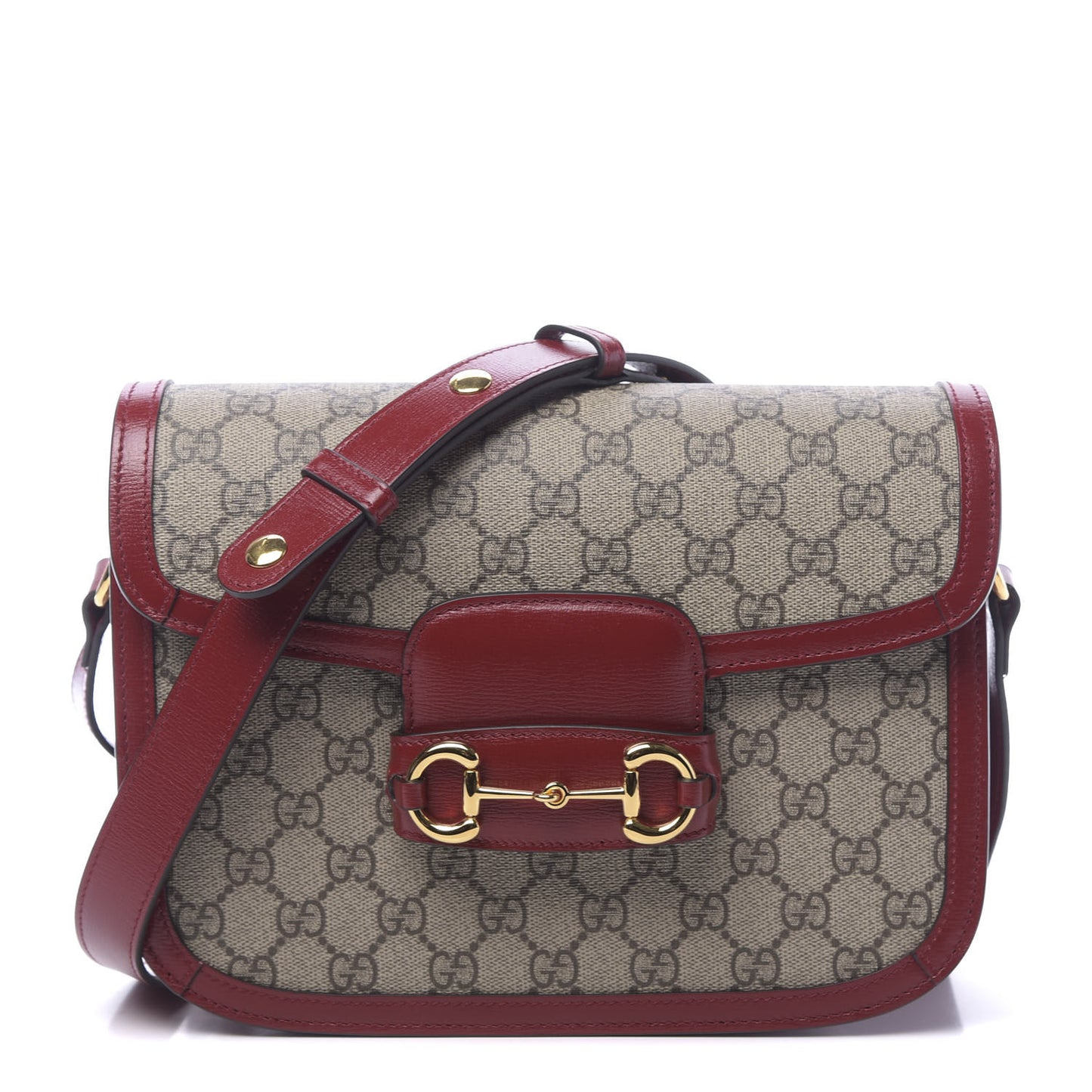 GG Supreme Monogram Azalea Calfskin Horsebit 1955 Shoulder Bag Beige Ebony New Cherry Red