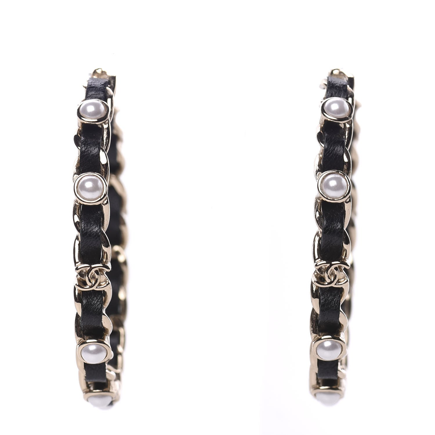 Chanel Lambskin Pearl More Is More CC Chain Hoop Earrings Gold Black 1 of 8