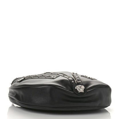 Versace Calfskin Studded Medium Repeat Zip Hobo Black 4 of 8