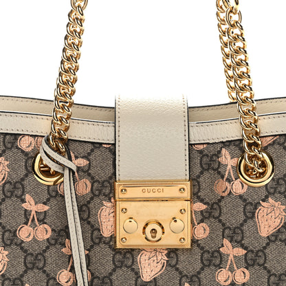 Gucci GG Supreme Monogram Berry Textured Dollar Calfskin Small Padlock Tote Beige Ebony Light Copper Mystic White 8 of 14