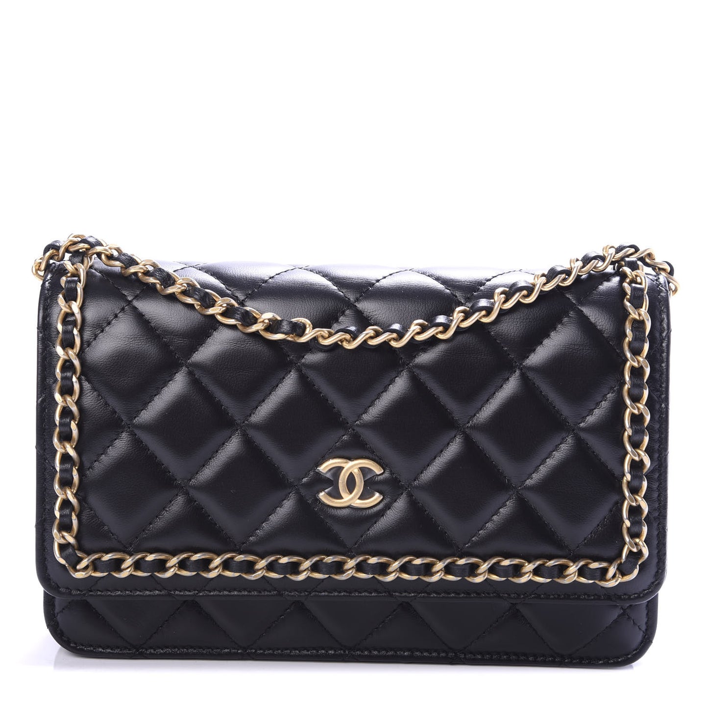 Lambskin Quilted Running Chain Wallet On Chain WOC Black
