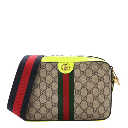 Gucci GG Supreme Monogram Textured Dollar Calfskin Web Ophidia Wristlet Shoulder Bag Beige Ebony Fluo Yellow 1 of 10