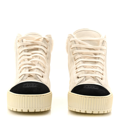 Chanel Kid Suede Shearling Sheepskin Lace Up Boots 38 Ivory White Black 2 of 8