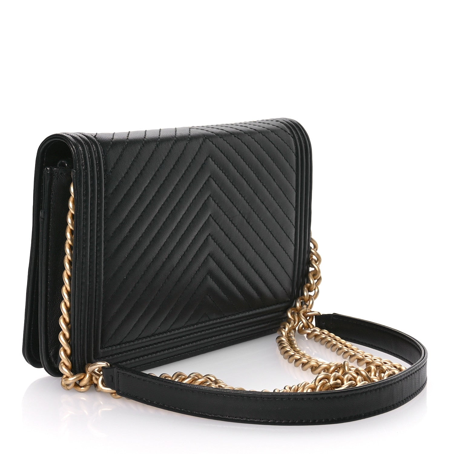 Chanel LAmbskin Chevron Boy Wallet On Chain WOC Black 3 of 12