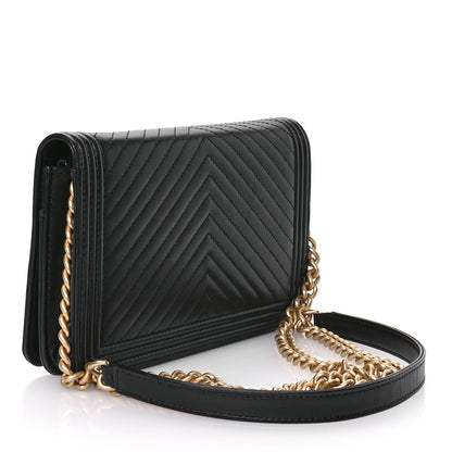 Chanel LAmbskin Chevron Boy Wallet On Chain WOC Black 3 of 12